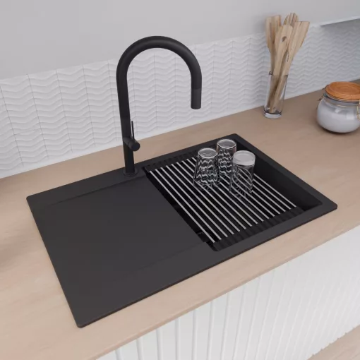 HD Onyx Black 78 egymedencés mosogatótálca szett, acél csepegtetőráccsal, csepegtetőtálcával, matt fekete színben, matt fekete leeresztő szifonnal