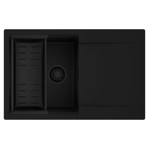 HD Onyx Black 78 egymedencés mosogatótálca szett, matt fekete csepegtetőkosárral, csepegtetőtálcával, matt fekete színben, matt fekete leeresztő szifonnal