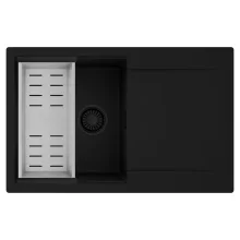 HD Onyx Black 78 egymedencés mosogatótálca szett, acél csepegtetőkosárral, csepegtetőtálcával, matt fekete színben, matt fekete leeresztő szifonnal