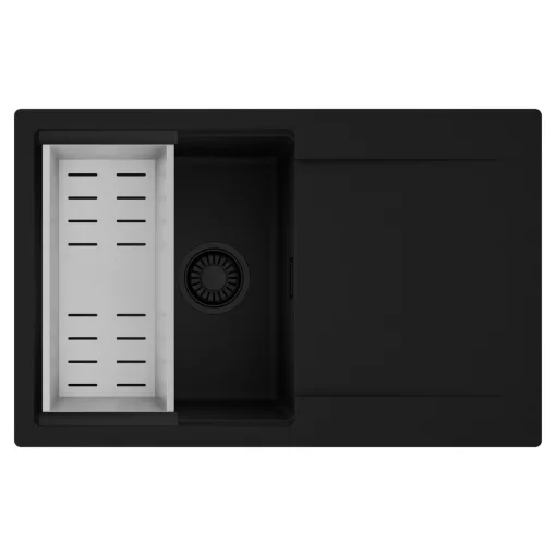 HD Onyx Black 78 egymedencés mosogatótálca szett, acél csepegtetőkosárral, csepegtetőtálcával, matt fekete színben, matt fekete leeresztő szifonnal