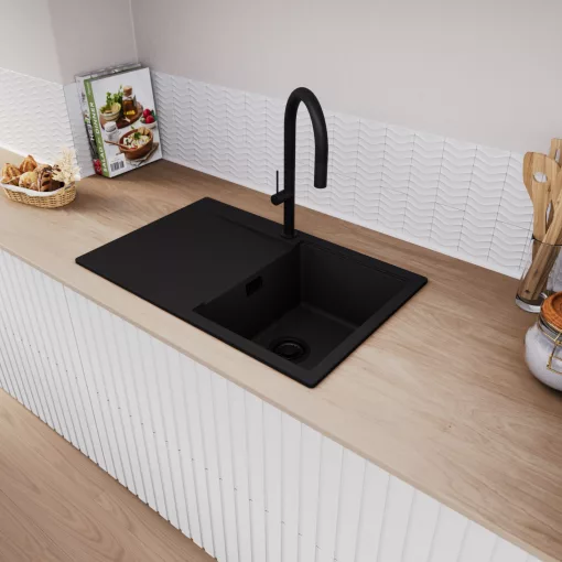 HD Onyx Black 78 egymedencés mosogatótálca, csepegtetőtálcával, matt fekete színben, matt fekete leeresztő szifonnal