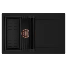 HD Onyx Black 78 egymedencés mosogatótálca szett, matt fekete csepegtetőráccsal és kosárral, csepegtetőtálcával, matt fekete színben, szálcsiszolt réz leeresztő szifonnal