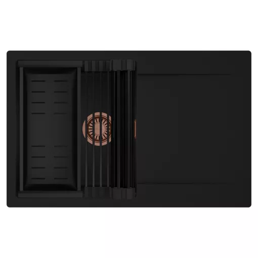 HD Onyx Black 78 egymedencés mosogatótálca szett, matt fekete csepegtetőráccsal és kosárral, csepegtetőtálcával, matt fekete színben, szálcsiszolt réz leeresztő szifonnal