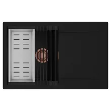 HD Onyx Black 78 egymedencés mosogatótálca szett, matt fekete csepegtetőráccsal és krómozott kosárral, csepegtetőtálcával, matt fekete színben, szálcsiszolt réz leeresztő szifonnal