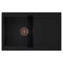 HD Onyx Black 78 egymedencés mosogatótálca szett, matt fekete csepegtetőráccsal, csepegtetőtálcával, matt fekete színben, szálcsiszolt réz leeresztő szifonnal