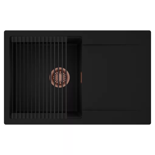 HD Onyx Black 78 egymedencés mosogatótálca szett, matt fekete csepegtetőráccsal, csepegtetőtálcával, matt fekete színben, szálcsiszolt réz leeresztő szifonnal