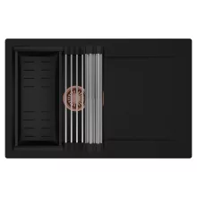 HD Onyx Black 78 egymedencés mosogatótálca szett, acél csepegtetőráccsal és matt fekete kosárral, csepegtetőtálcával, matt fekete színben, szálcsiszolt réz leeresztő szifonnal