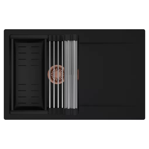 HD Onyx Black 78 egymedencés mosogatótálca szett, acél csepegtetőráccsal és matt fekete kosárral, csepegtetőtálcával, matt fekete színben, szálcsiszolt réz leeresztő szifonnal