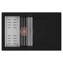 HD Onyx Black 78 egymedencés mosogatótálca szett, acél csepegtetőráccsal és kosárral, csepegtetőtálcával, matt fekete színben, szálcsiszolt réz leeresztő szifonnal