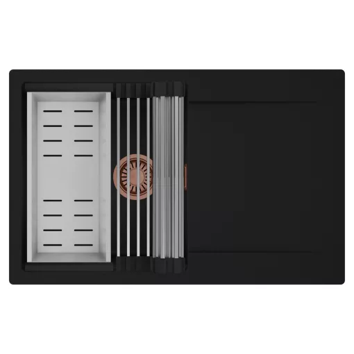 HD Onyx Black 78 egymedencés mosogatótálca szett, acél csepegtetőráccsal és kosárral, csepegtetőtálcával, matt fekete színben, szálcsiszolt réz leeresztő szifonnal