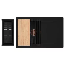 HD Onyx Black 78 egymedencés gránit mosogatótálca szett, csepegtetőtálcával, vágódeszkával, matt fekete csepegtetőráccsal és kosárral, matt fekete színben, szálcsiszolt réz leeresztő szifonnal