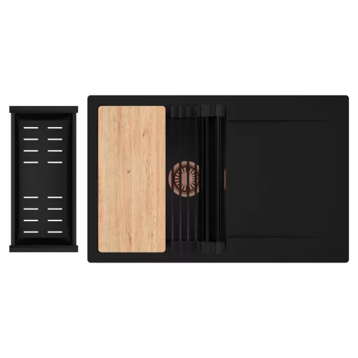 HD Onyx Black 78 egymedencés gránit mosogatótálca szett, csepegtetőtálcával, vágódeszkával, matt fekete csepegtetőráccsal és kosárral, matt fekete színben, szálcsiszolt réz leeresztő szifonnal