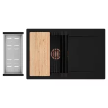 HD Onyx Black 78 egymedencés gránit mosogatótálca szett, csepegtetőtálcával, vágódeszkával, matt fekete csepegtetőráccsal és krómozott kosárral, matt fekete színben, szálcsiszolt réz leeresztő szifonnal