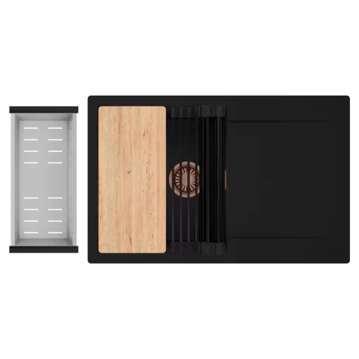 HD Onyx Black 78 egymedencés gránit mosogatótálca szett, csepegtetőtálcával, vágódeszkával, matt fekete csepegtetőráccsal és krómozott kosárral, matt fekete színben, szálcsiszolt réz leeresztő szifonnal