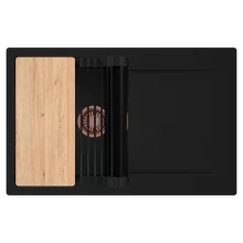 HD Onyx Black 78 egymedencés gránit mosogatótálca szett, csepegtetőtálcával, vágódeszkával, matt fekete csepegtetőráccsal, matt fekete színben, szálcsiszolt réz leeresztő szifonnal