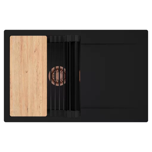 HD Onyx Black 78 egymedencés gránit mosogatótálca szett, csepegtetőtálcával, vágódeszkával, matt fekete csepegtetőráccsal, matt fekete színben, szálcsiszolt réz leeresztő szifonnal