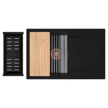 HD Onyx Black 78 egymedencés gránit mosogatótálca szett, csepegtetőtálcával, vágódeszkával, acél csepegtetőráccsal és matt fekete kosárral, matt fekete színben, szálcsiszolt réz leeresztő szifonnal