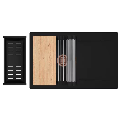 HD Onyx Black 78 egymedencés gránit mosogatótálca szett, csepegtetőtálcával, vágódeszkával, acél csepegtetőráccsal és matt fekete kosárral, matt fekete színben, szálcsiszolt réz leeresztő szifonnal