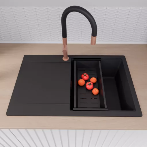 HD Onyx Black 78 egymedencés gránit mosogatótálca szett, csepegtetőtálcával, vágódeszkával, acél csepegtetőráccsal és matt fekete kosárral, matt fekete színben, szálcsiszolt réz leeresztő szifonnal