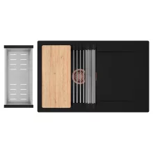 HD Onyx Black 78 egymedencés gránit mosogatótálca szett, csepegtetőtálcával, vágódeszkával, acél csepegtetőráccsal és kosárral, matt fekete színben, szálcsiszolt réz leeresztő szifonnal