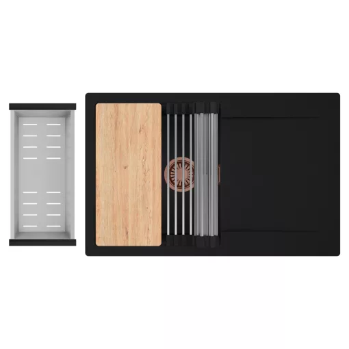 HD Onyx Black 78 egymedencés gránit mosogatótálca szett, csepegtetőtálcával, vágódeszkával, acél csepegtetőráccsal és kosárral, matt fekete színben, szálcsiszolt réz leeresztő szifonnal