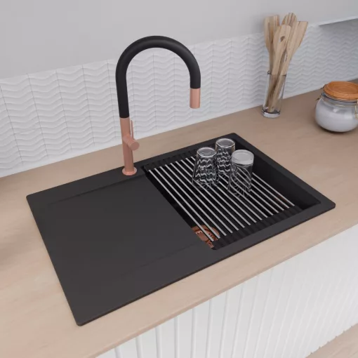 HD Onyx Black 78 egymedencés gránit mosogatótálca szett, csepegtetőtálcával, vágódeszkával, acél csepegtetőráccsal és kosárral, matt fekete színben, szálcsiszolt réz leeresztő szifonnal