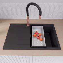 HD Onyx Black 78 egymedencés gránit mosogatótálca szett, csepegtetőtálcával, vágódeszkával, acél csepegtetőráccsal és kosárral, matt fekete színben, szálcsiszolt réz leeresztő szifonnal