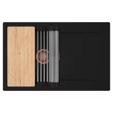 HD Onyx Black 78 egymedencés gránit mosogatótálca szett, csepegtetőtálcával, vágódeszkával, acél csepegtetőráccsal, matt fekete színben, szálcsiszolt réz leeresztő szifonnal