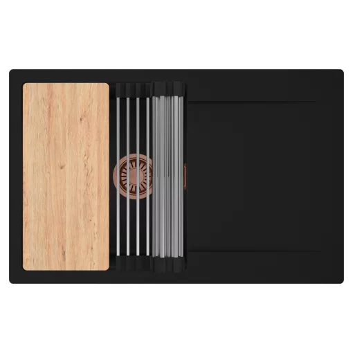 HD Onyx Black 78 egymedencés gránit mosogatótálca szett, csepegtetőtálcával, vágódeszkával, acél csepegtetőráccsal, matt fekete színben, szálcsiszolt réz leeresztő szifonnal