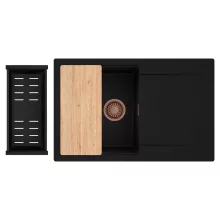 HD Onyx Black 78 egymedencés gránit mosogatótálca szett, csepegtetőtálcával, vágódeszkával, matt fekete csepegtetőkosárral, matt fekete színben, szálcsiszolt réz leeresztő szifonnal