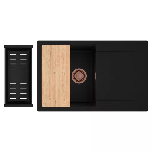 HD Onyx Black 78 egymedencés gránit mosogatótálca szett, csepegtetőtálcával, vágódeszkával, matt fekete csepegtetőkosárral, matt fekete színben, szálcsiszolt réz leeresztő szifonnal