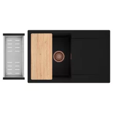 HD Onyx Black 78 egymedencés gránit mosogatótálca szett, csepegtetőtálcával, vágódeszkával, acél csepegtetőkosárral, matt fekete színben, szálcsiszolt réz leeresztő szifonnal