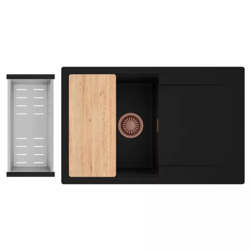 HD Onyx Black 78 egymedencés gránit mosogatótálca szett, csepegtetőtálcával, vágódeszkával, acél csepegtetőkosárral, matt fekete színben, szálcsiszolt réz leeresztő szifonnal