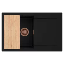 HD Onyx Black 78 egymedencés gránit mosogatótálca, vágódeszkával, matt fekete színben, szálcsiszolt réz leeresztő szifonnal