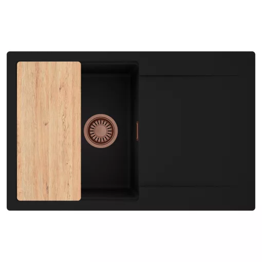 HD Onyx Black 78 egymedencés gránit mosogatótálca, vágódeszkával, matt fekete színben, szálcsiszolt réz leeresztő szifonnal