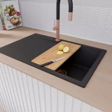 HD Onyx Black 78 egymedencés gránit mosogatótálca, vágódeszkával, matt fekete színben, szálcsiszolt réz leeresztő szifonnal