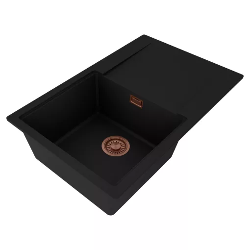 HD Onyx Black 78 egymedencés gránit mosogatótálca, vágódeszkával, matt fekete színben, szálcsiszolt réz leeresztő szifonnal