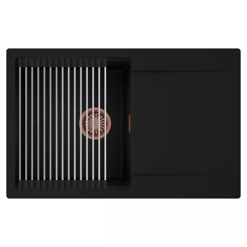 HD Onyx Black 78 egymedencés mosogatótálca szett, acél csepegtetőráccsal, csepegtetőtálcával, matt fekete színben, szálcsiszolt réz leeresztő szifonnal