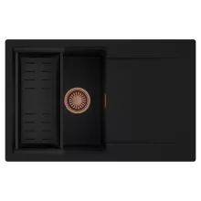 HD Onyx Black 78 egymedencés mosogatótálca szett, matt fekete csepegtetőkosárral, csepegtetőtálcával, matt fekete színben, szálcsiszolt réz leeresztő szifonnal