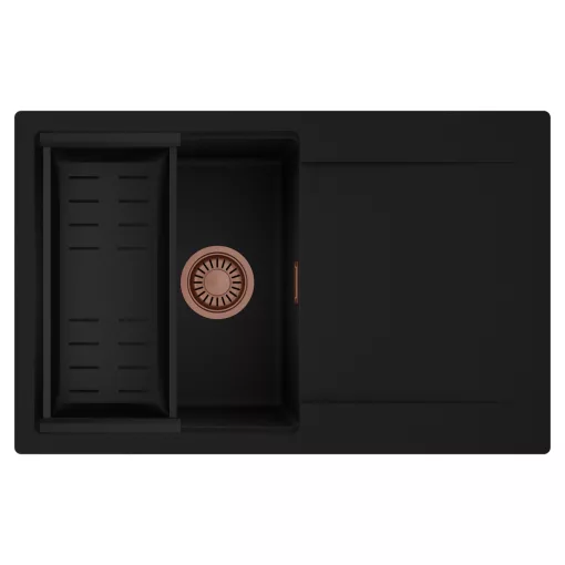 HD Onyx Black 78 egymedencés mosogatótálca szett, matt fekete csepegtetőkosárral, csepegtetőtálcával, matt fekete színben, szálcsiszolt réz leeresztő szifonnal