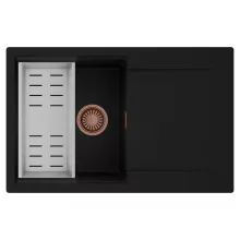 HD Onyx Black 78 egymedencés mosogatótálca szett, acél csepegtetőkosárral, csepegtetőtálcával, matt fekete színben, szálcsiszolt réz leeresztő szifonnal