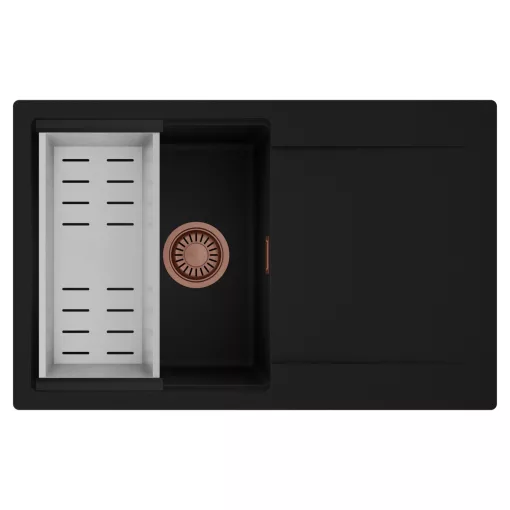 HD Onyx Black 78 egymedencés mosogatótálca szett, acél csepegtetőkosárral, csepegtetőtálcával, matt fekete színben, szálcsiszolt réz leeresztő szifonnal