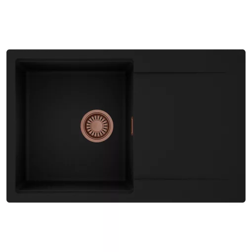 HD Onyx Black 78 egymedencés mosogatótálca, csepegtetőtálcával, matt fekete színben, szálcsiszolt réz leeresztő szifonnal