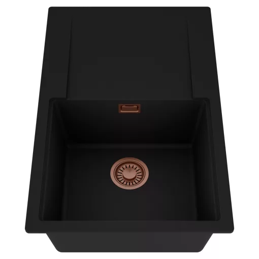 HD Onyx Black 78 egymedencés mosogatótálca, csepegtetőtálcával, matt fekete színben, szálcsiszolt réz leeresztő szifonnal