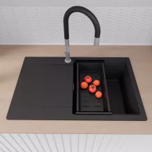 HD Onyx Black 78 egymedencés mosogatótálca szett, matt fekete csepegtetőráccsal és kosárral, csepegtetőtálcával, matt fekete színben