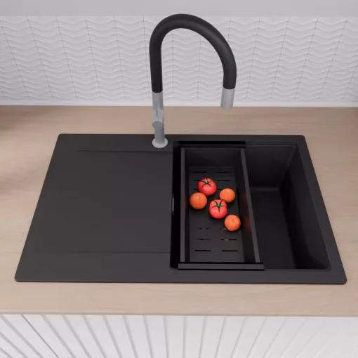 HD Onyx Black 78 egymedencés mosogatótálca szett, acél csepegtetőráccsal és matt fekete kosárral, csepegtetőtálcával, matt fekete színben