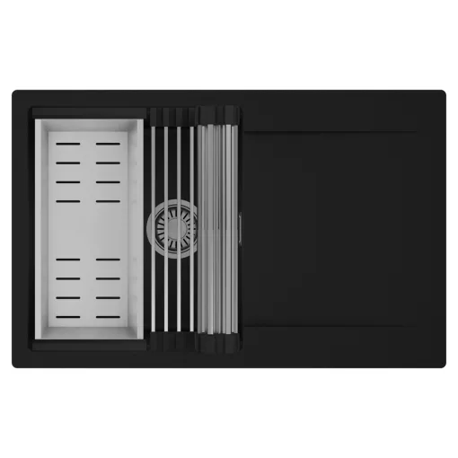 HD Onyx Black 78 egymedencés mosogatótálca szett, acél csepegtetőráccsal és kosárral, csepegtetőtálcával, matt fekete színben