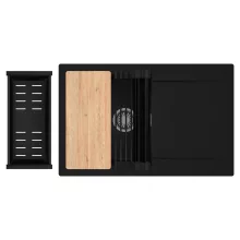 HD Onyx Black 78 egymedencés gránit mosogatótálca szett, csepegtetőtálcával, vágódeszkával, matt fekete csepegtetőráccsal és kosárral, matt fekete színben