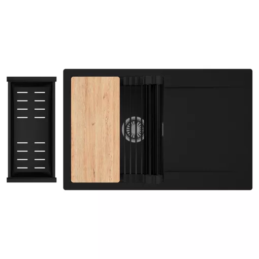 HD Onyx Black 78 egymedencés gránit mosogatótálca szett, csepegtetőtálcával, vágódeszkával, matt fekete csepegtetőráccsal és kosárral, matt fekete színben