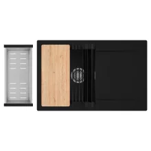 HD Onyx Black 78 egymedencés gránit mosogatótálca szett, csepegtetőtálcával, vágódeszkával, matt fekete csepegtetőráccsal és krómozott kosárral, matt fekete színben